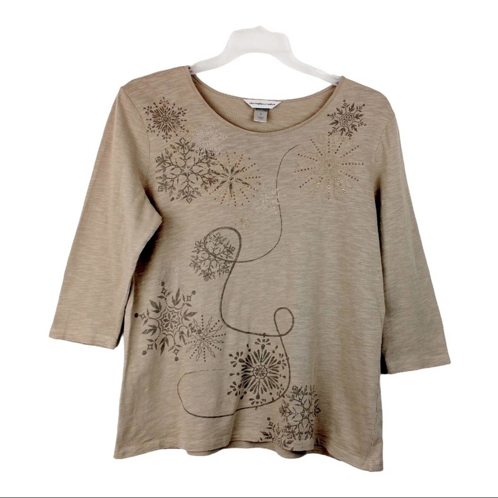 Women's Christopher & Banks Snow Flake 3/4 Sleeve Knit Top, Size Large, Tan,Gold